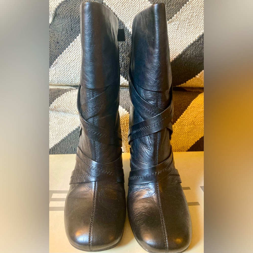 Biviel Anthropology Black Leather Bondage Wedge Boots Women’s EU 36.6/US 6.5 Y2K